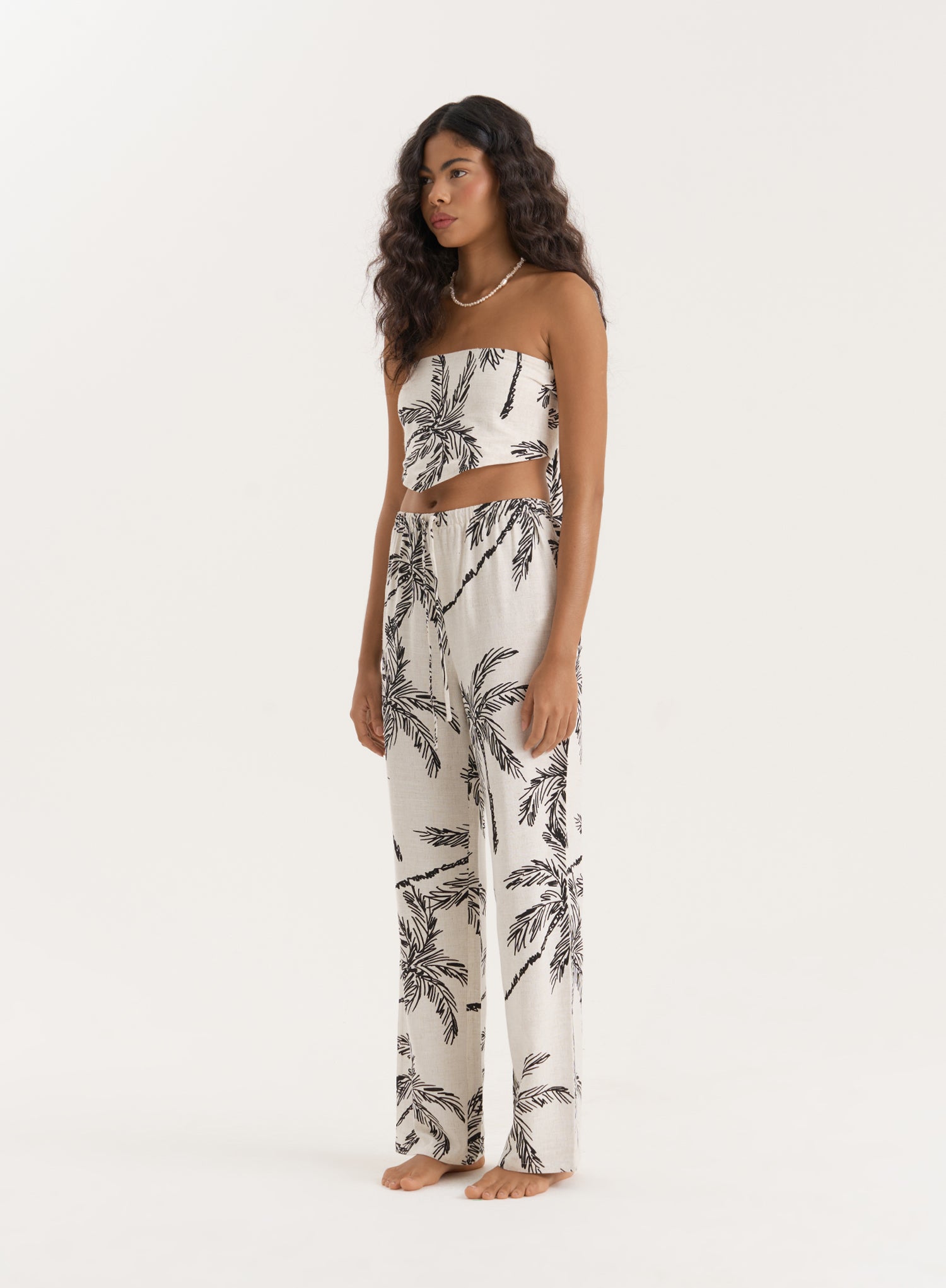 Printed Linen Blend Wide Leg Trouser